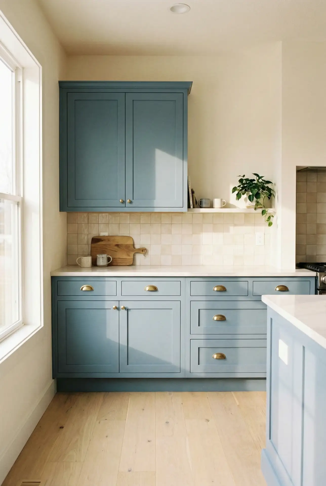 Painted Cabinets In Dusty Blue With Warm Neutral Walls 2