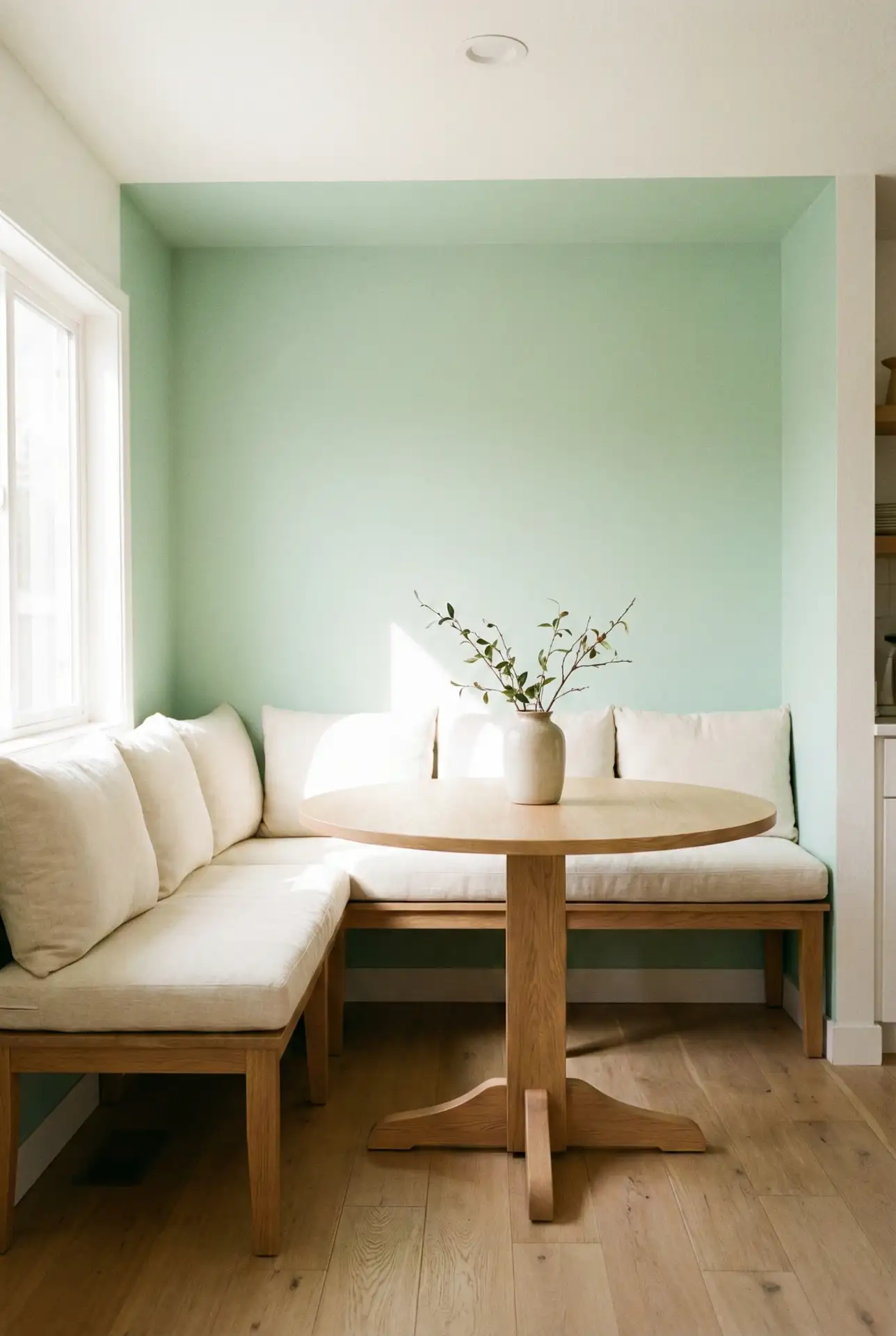 Pastel Green Breakfast Nook With Built-In Bench 1