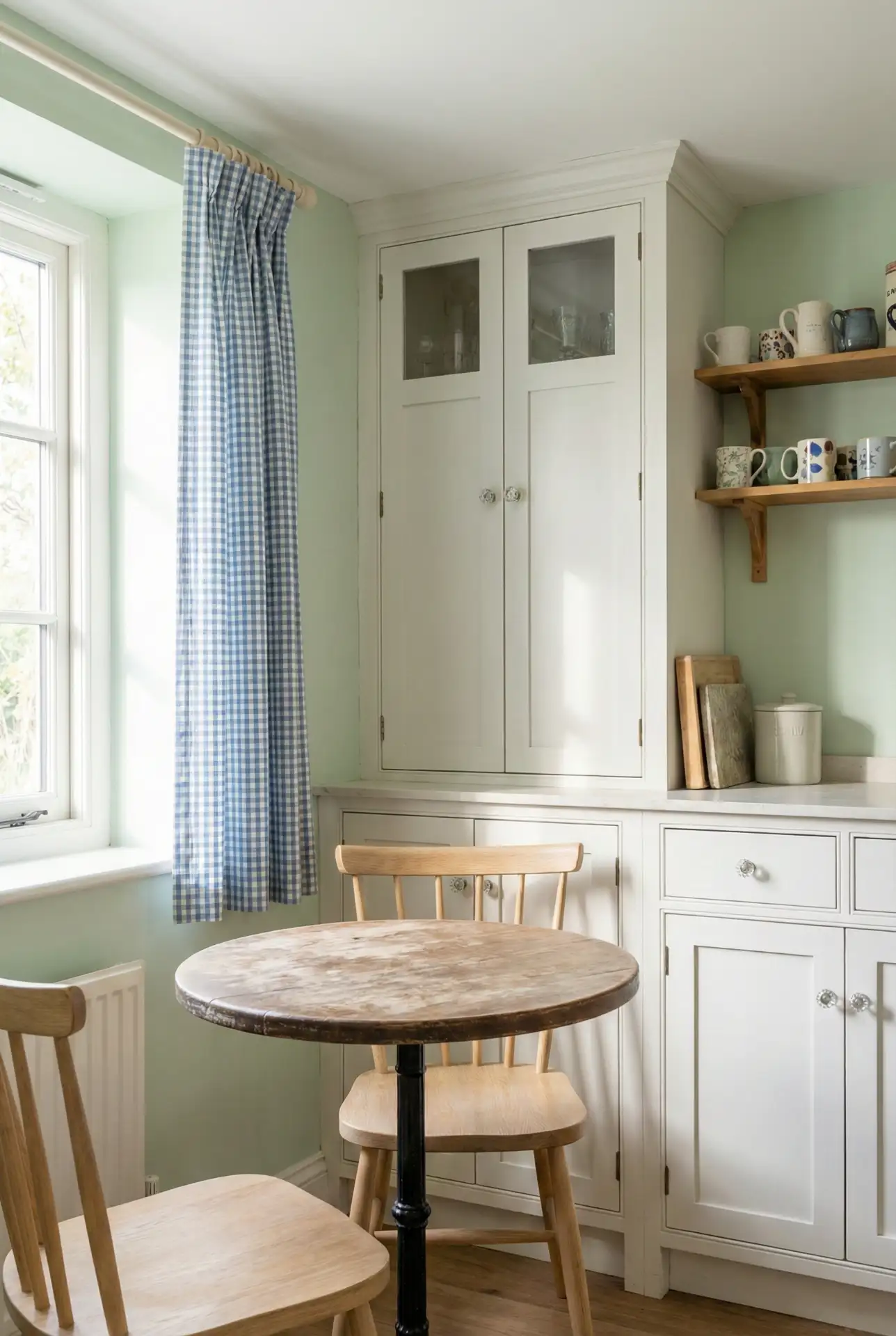 Pastel Green Walls With Vintage White Cabinets 1