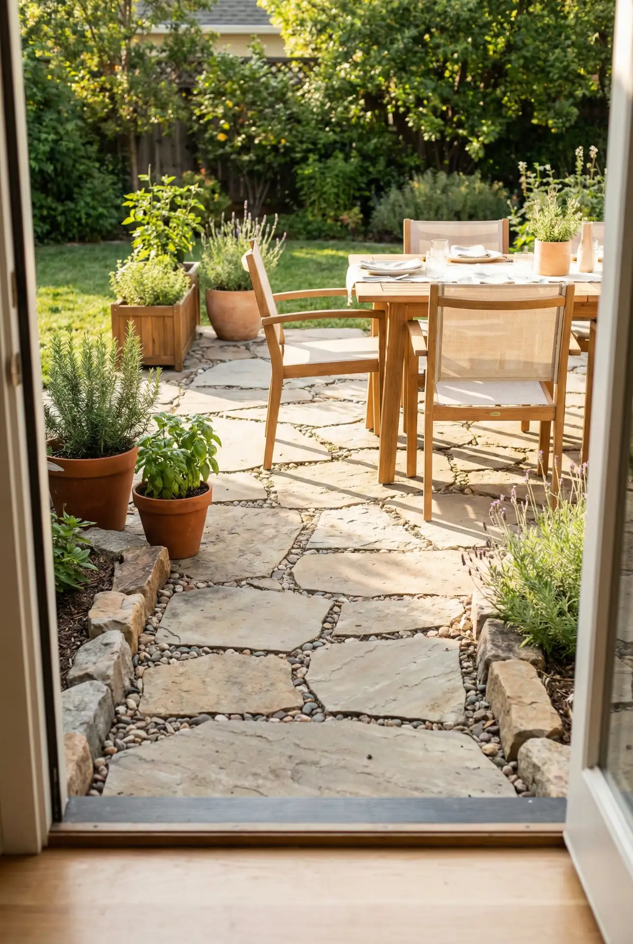 Pebble-Joint Dining Patio With A Rock Accent Border 1