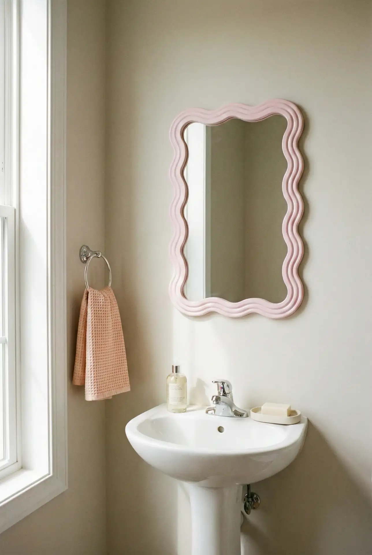 Pink Scallop Mirror With Rental-Friendly Charm 1