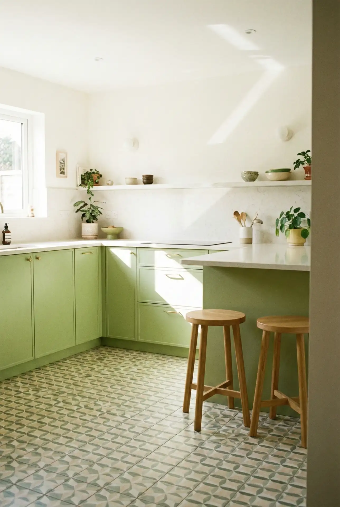 Pista Green Cabinets With Color Palette Tile Floor 1