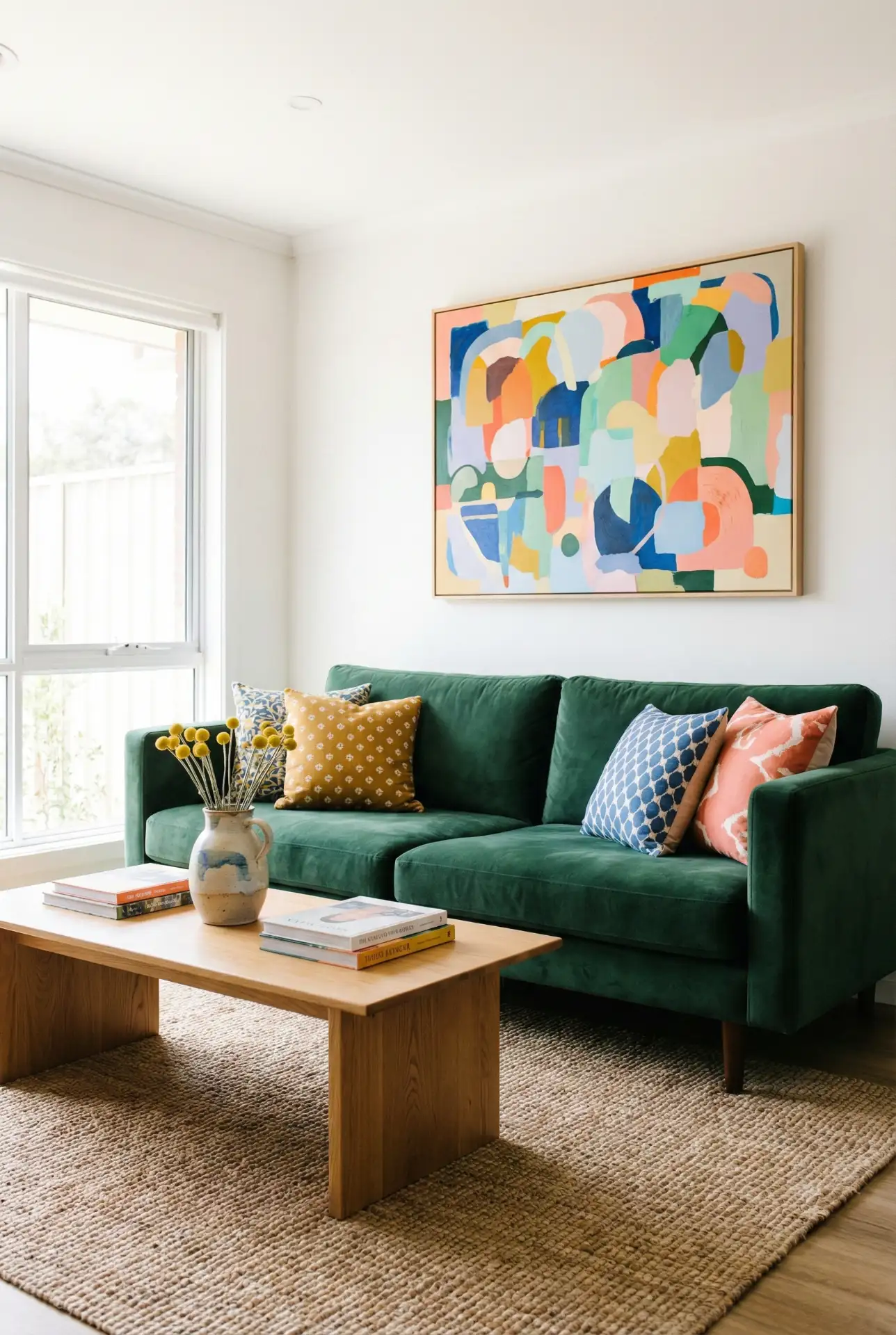 Playful Color Pops Around A Green Sofa Moment 1