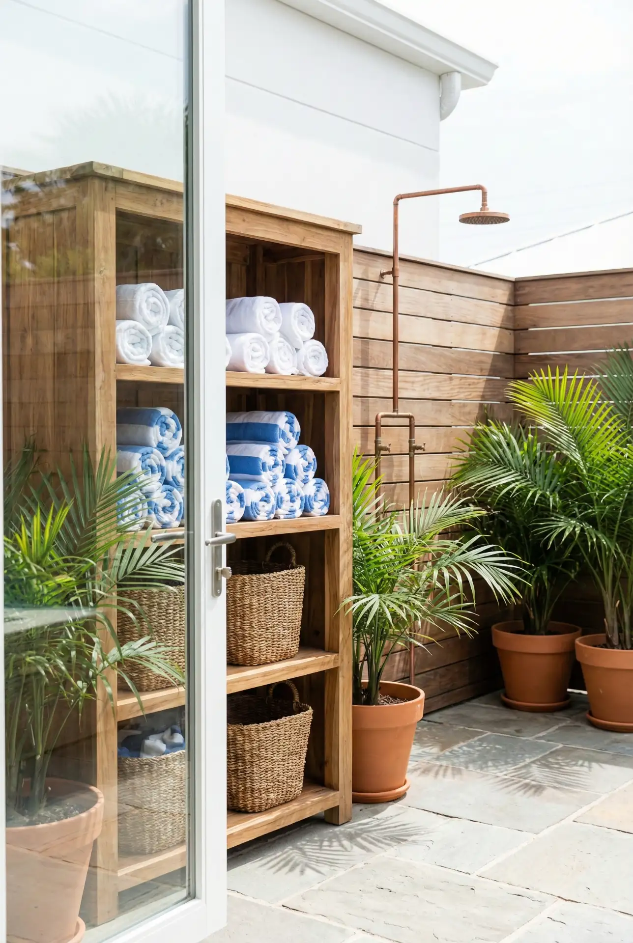Poolside Towel Station With Outdoor Shower Corner 1