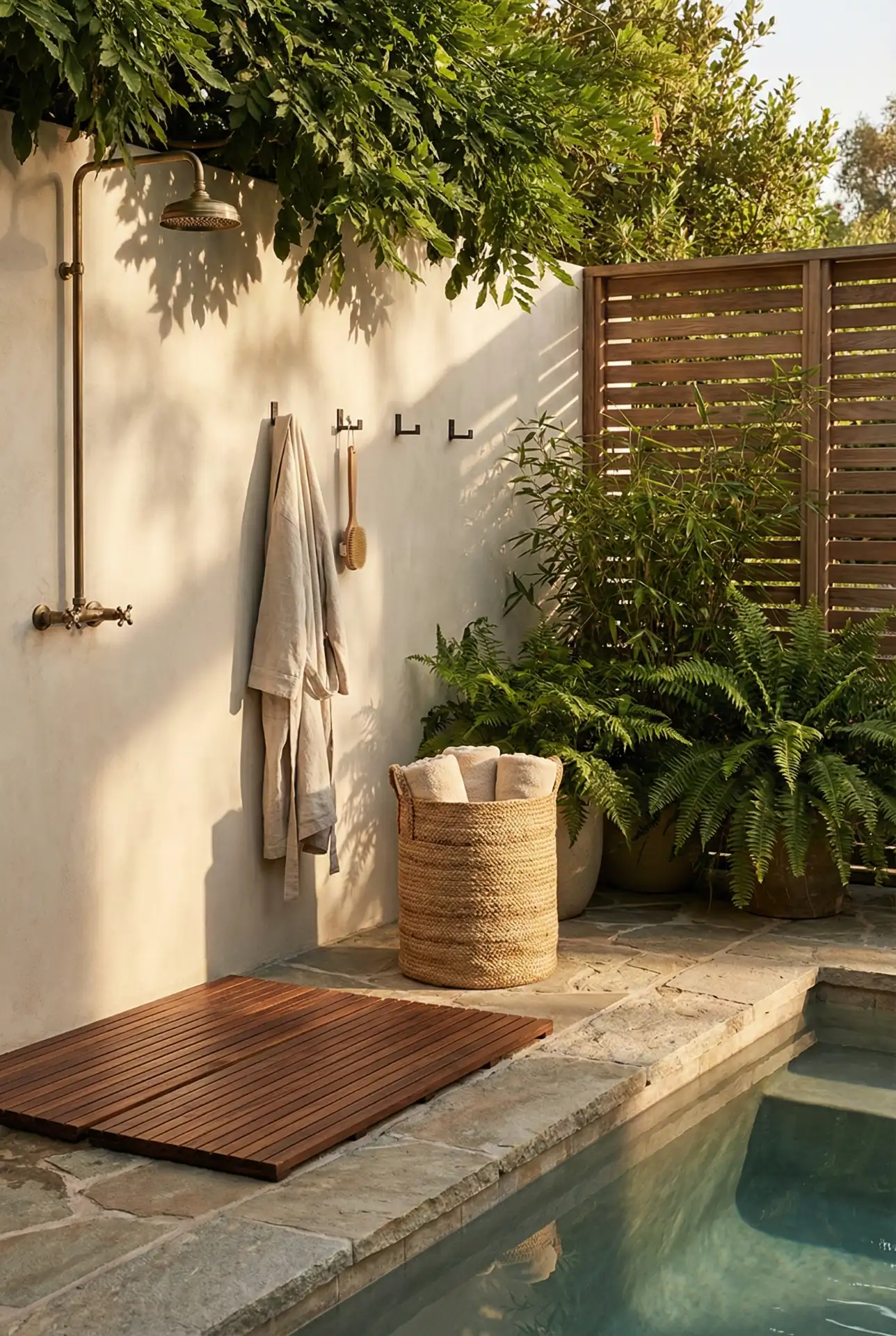 Poolside Towel Station With Outdoor Shower Corner 2