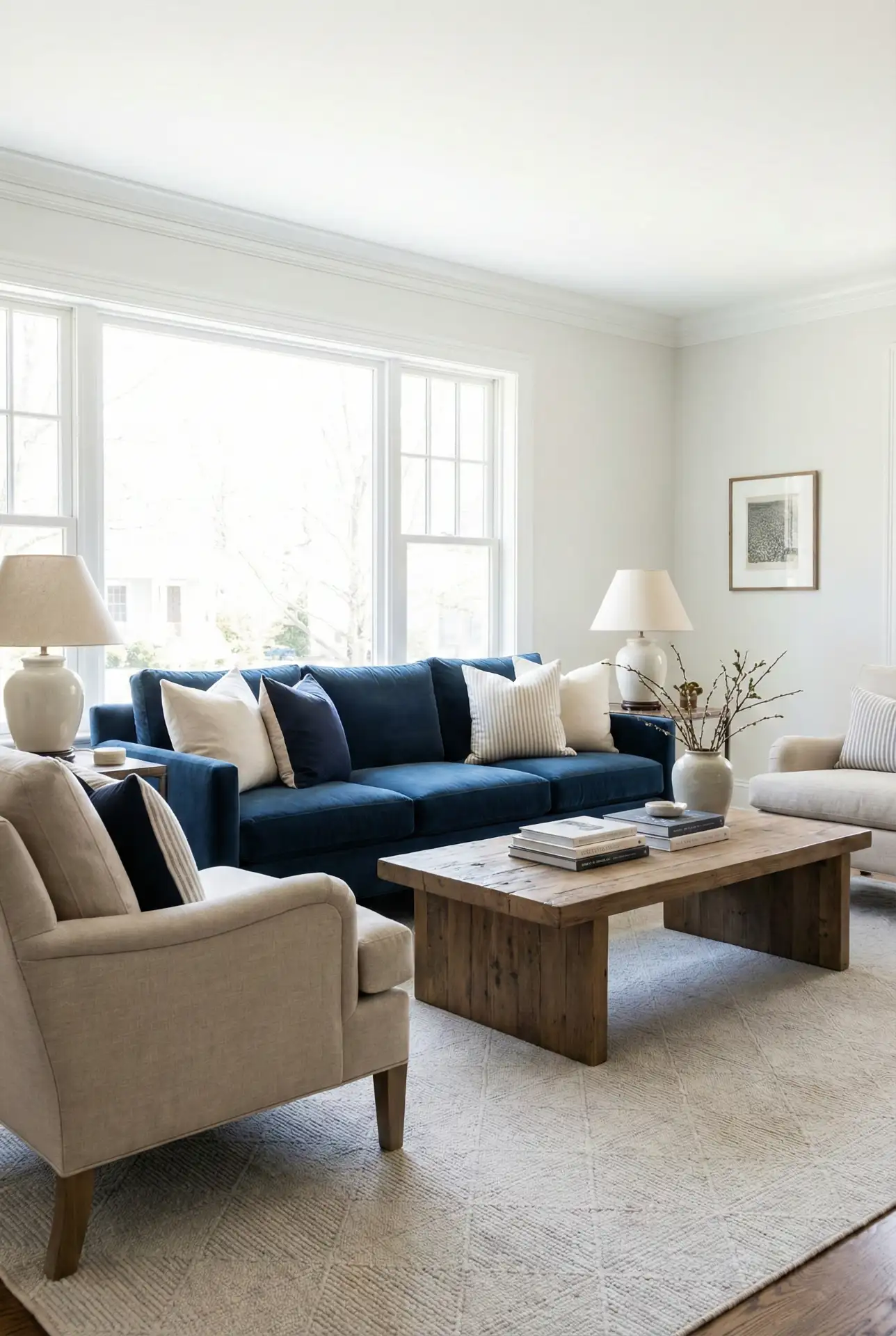 Pottery Barn-Inspired Formal Neutral With A Blue Sofa Twist 1