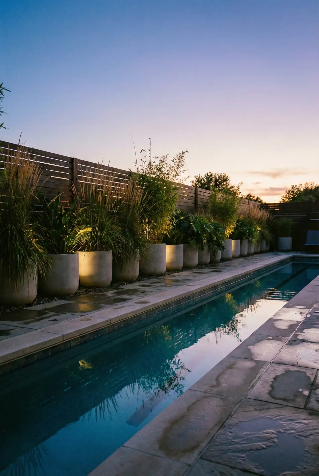 Private-Pool Fence With Greenery And Soft Lighting 2