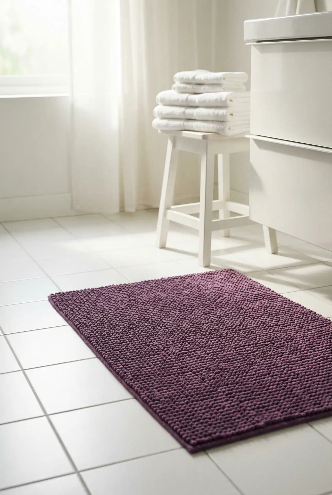 Purple Bath Mat Pop In A Clean White Bathroom 1