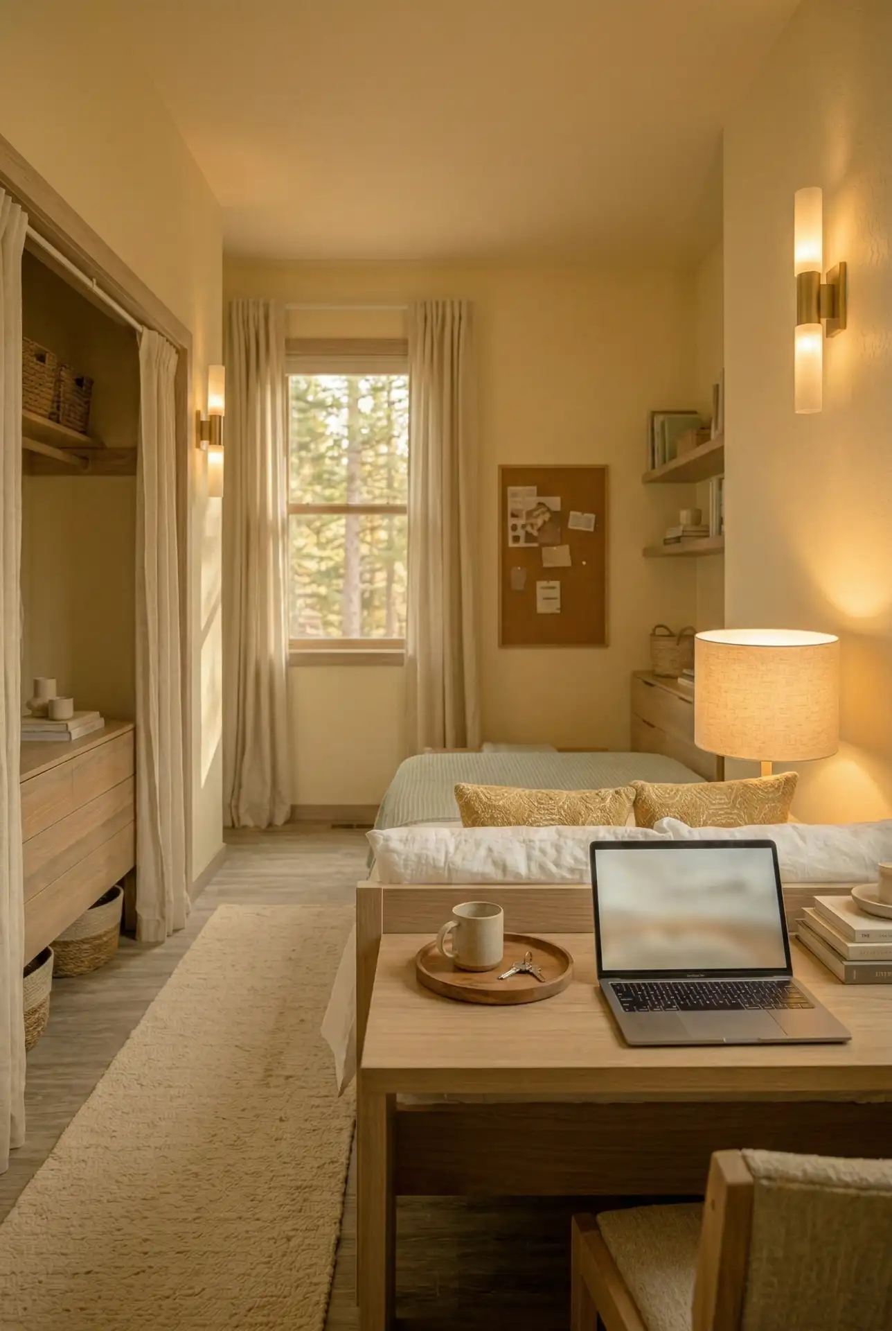 Queen Bed With A Slim Desk Behind The Headboard 1