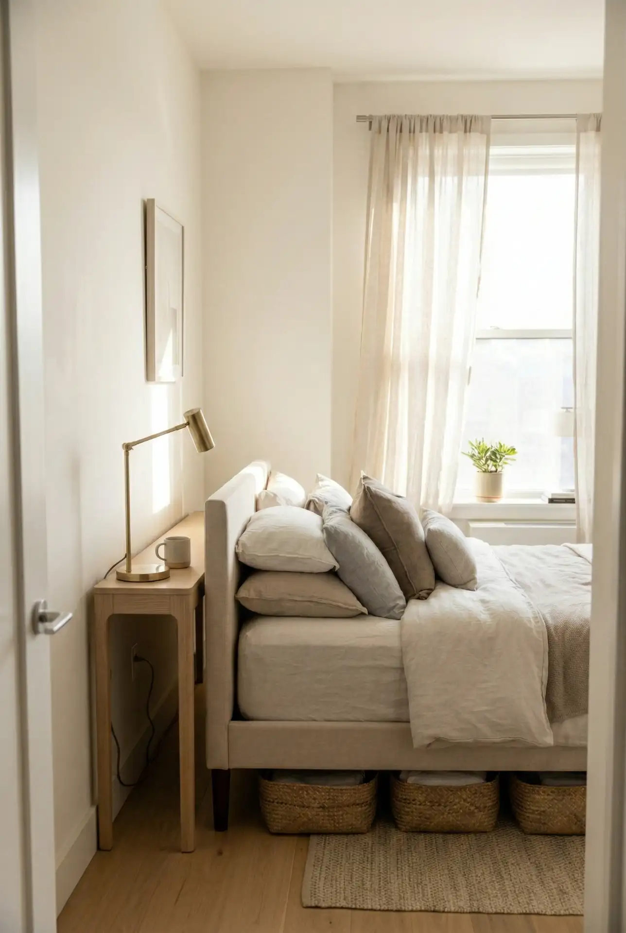 Queen Bed With A Slim Desk Behind The Headboard 2