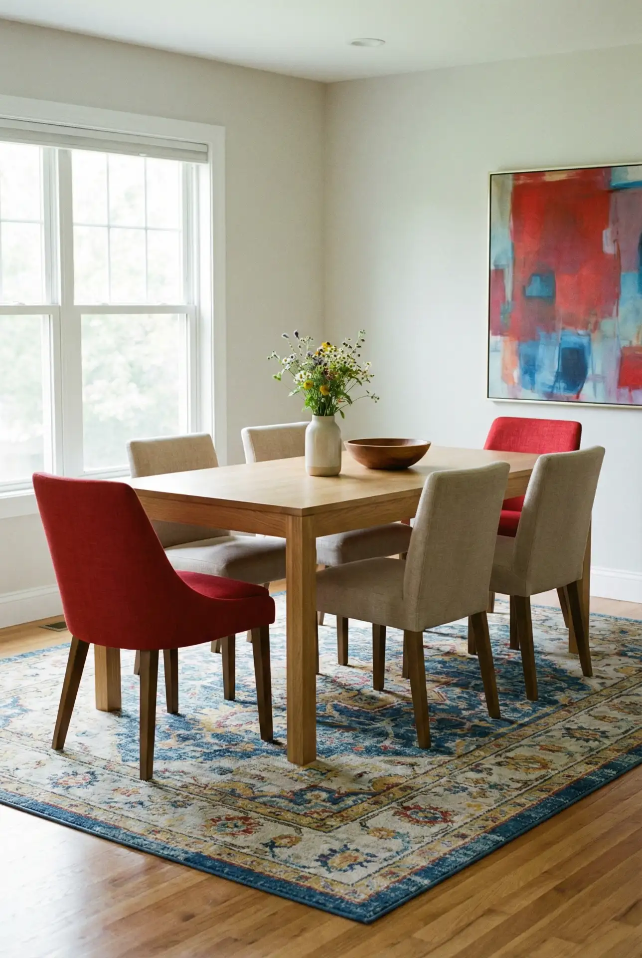 Red Accent Chairs Paired With Neutral Side Seating 1