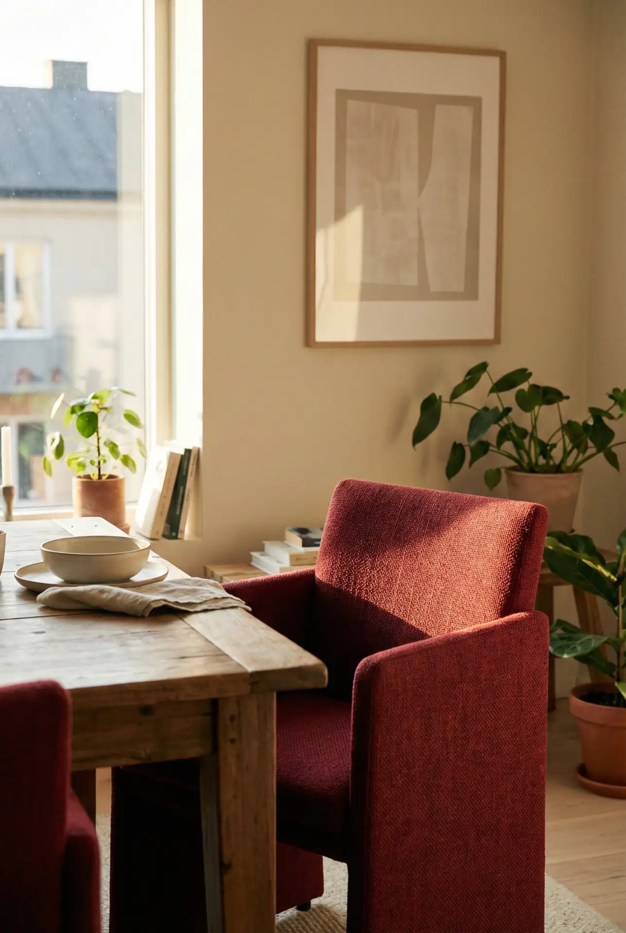 Red Accent Chairs Paired With Neutral Side Seating 2