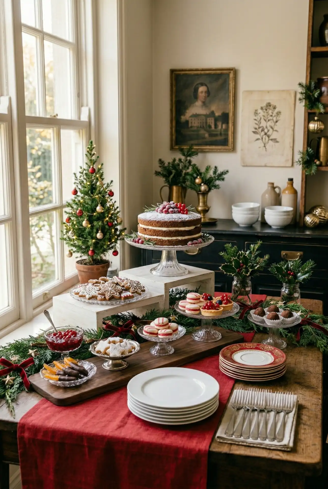 Red-And-Green Christmas Dessert Buffet With Vintage Glass 1