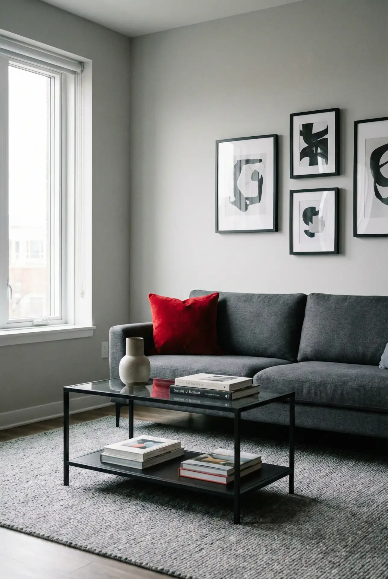 Red Black Accents In A Contemporary Grey Setting 1