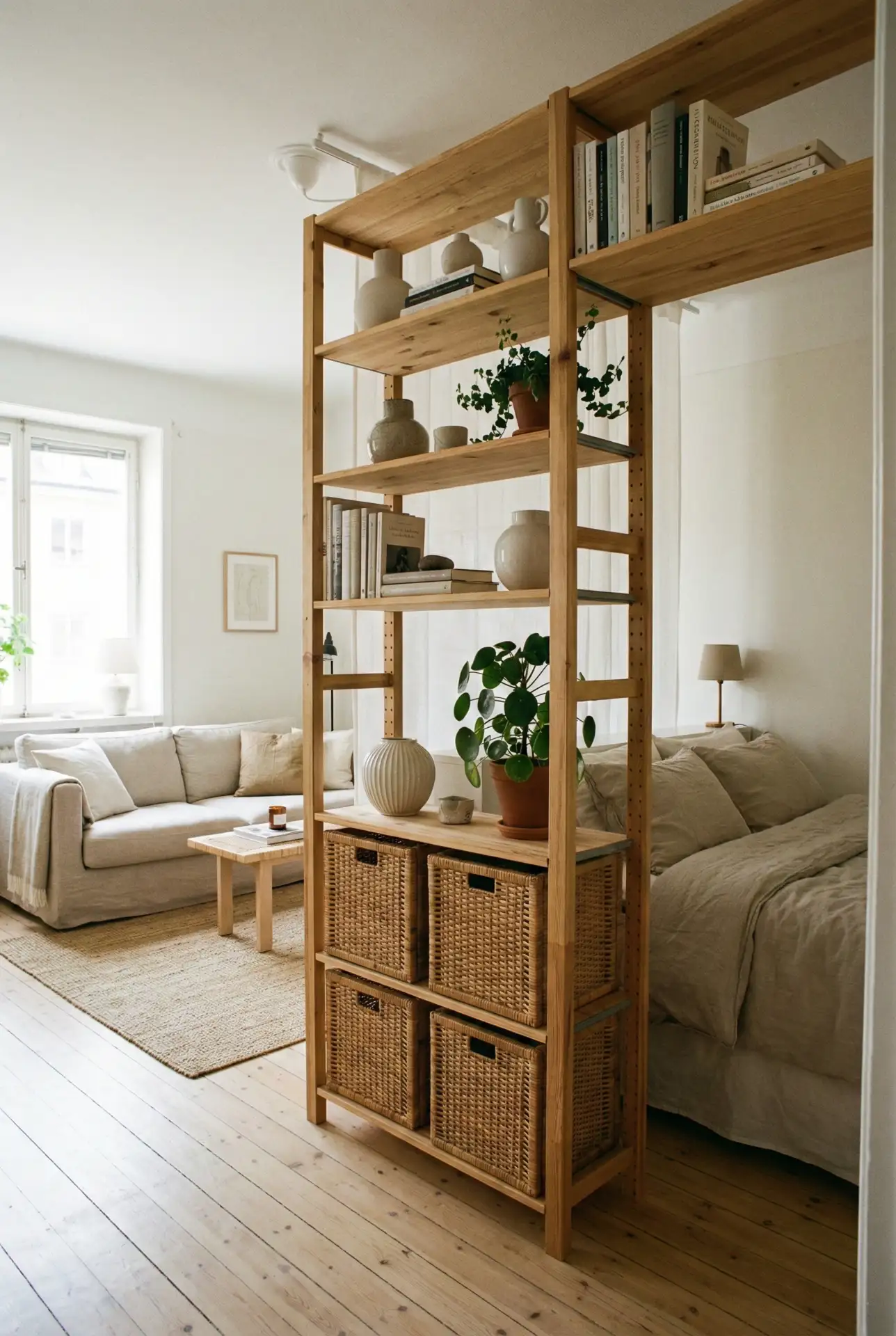 Renter-Friendly Room Divider With Open Shelving 1