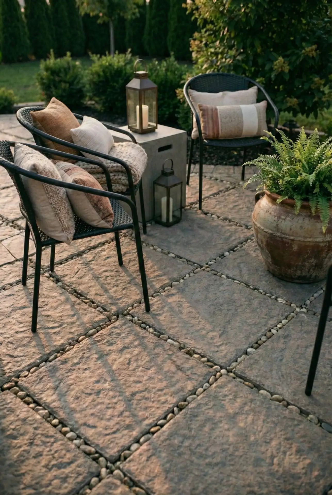 Round Gravel-Edge Patio With Simple Concrete Pavers 2