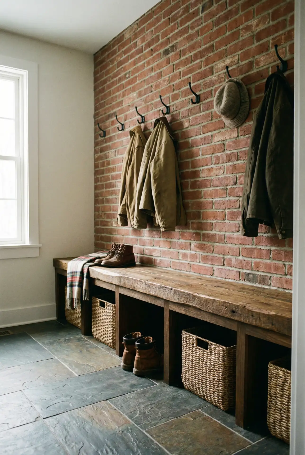 Rustic Brick Entry With Built-In Boot Cubbies 1