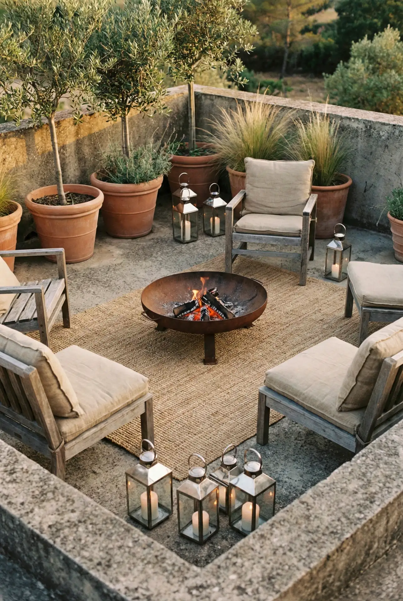 Rustic Concrete Patio With Warm Lighting And Simple Fire Bowl 1