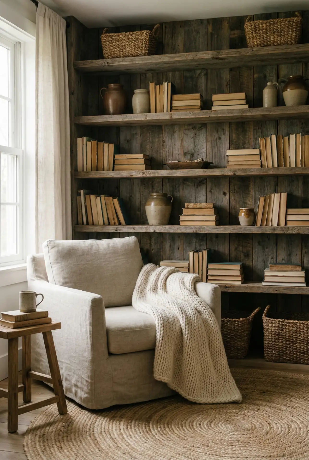 Rustic Library With Reclaimed Wood Shelves And Earthy Textiles 1