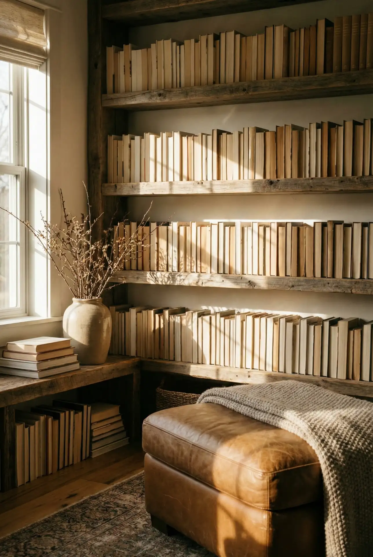 Rustic Library With Reclaimed Wood Shelves And Earthy Textiles 2