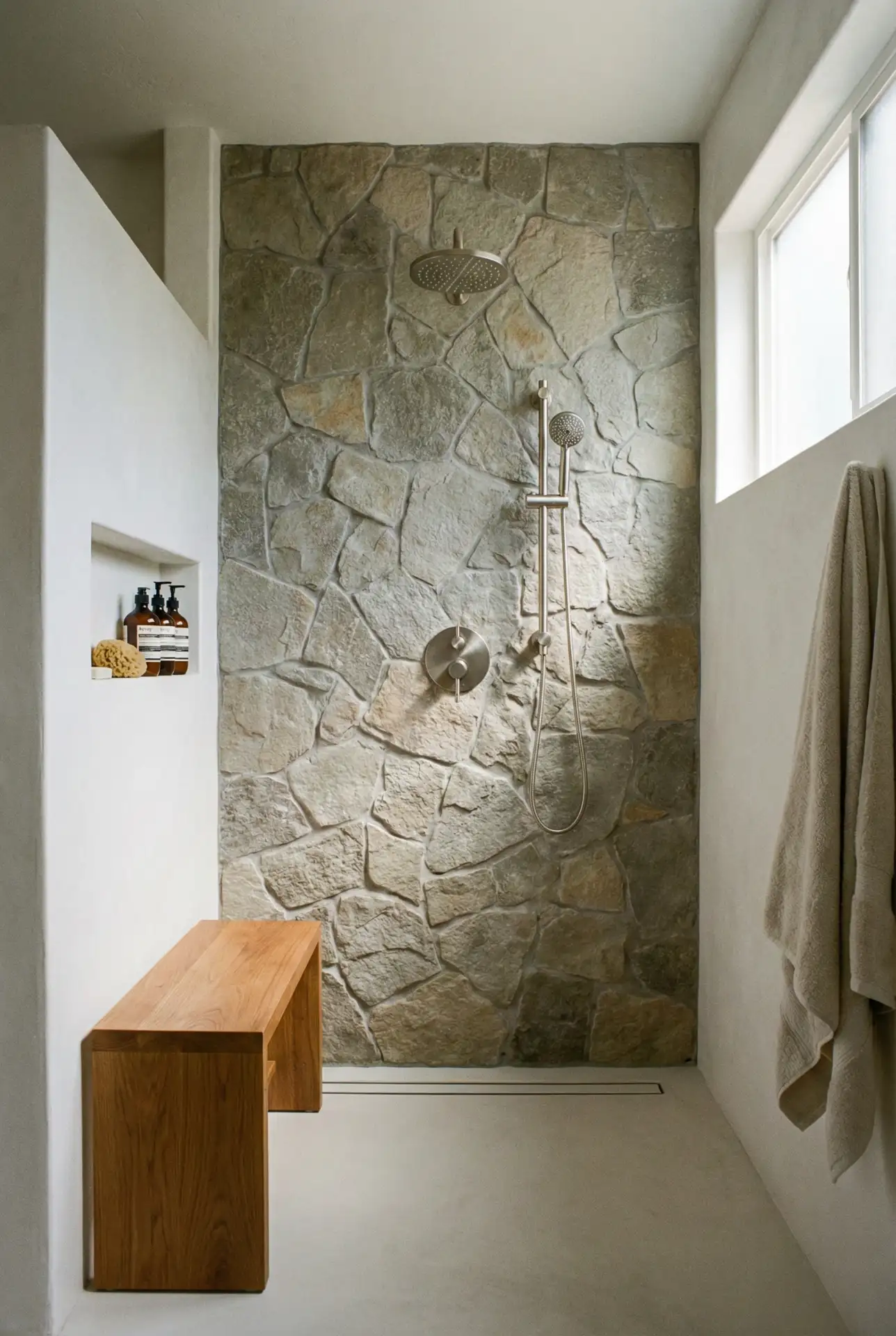Rustic Stone Shower With Warm Wood Accents 1