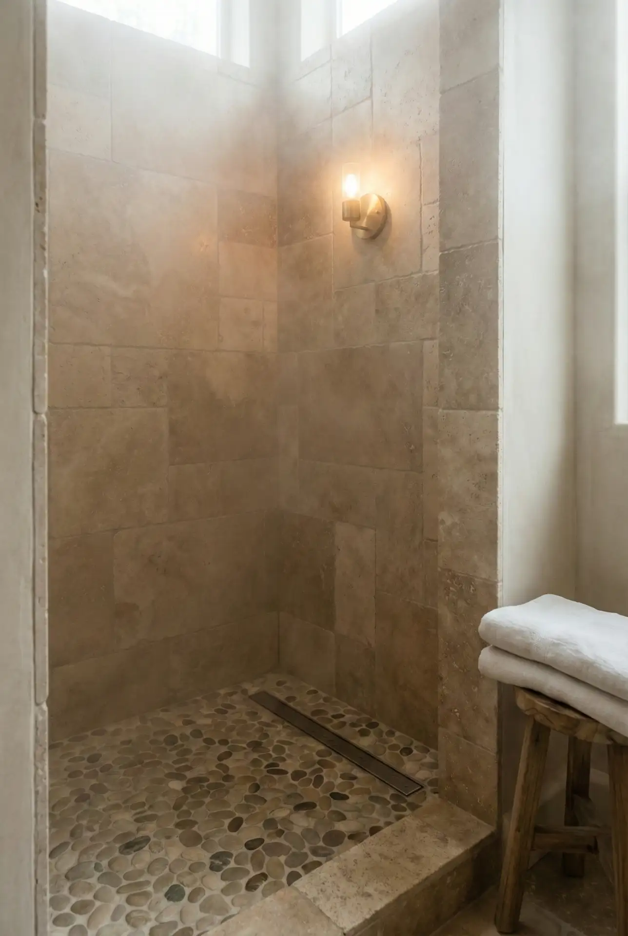 Rustic Stone Shower With Warm Wood Accents 2