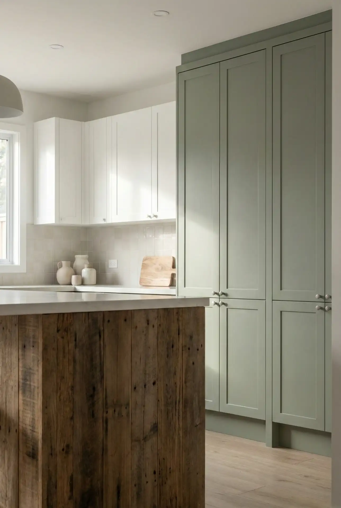 Sage And White Pantry Wall With Coordinated Cupboards 2