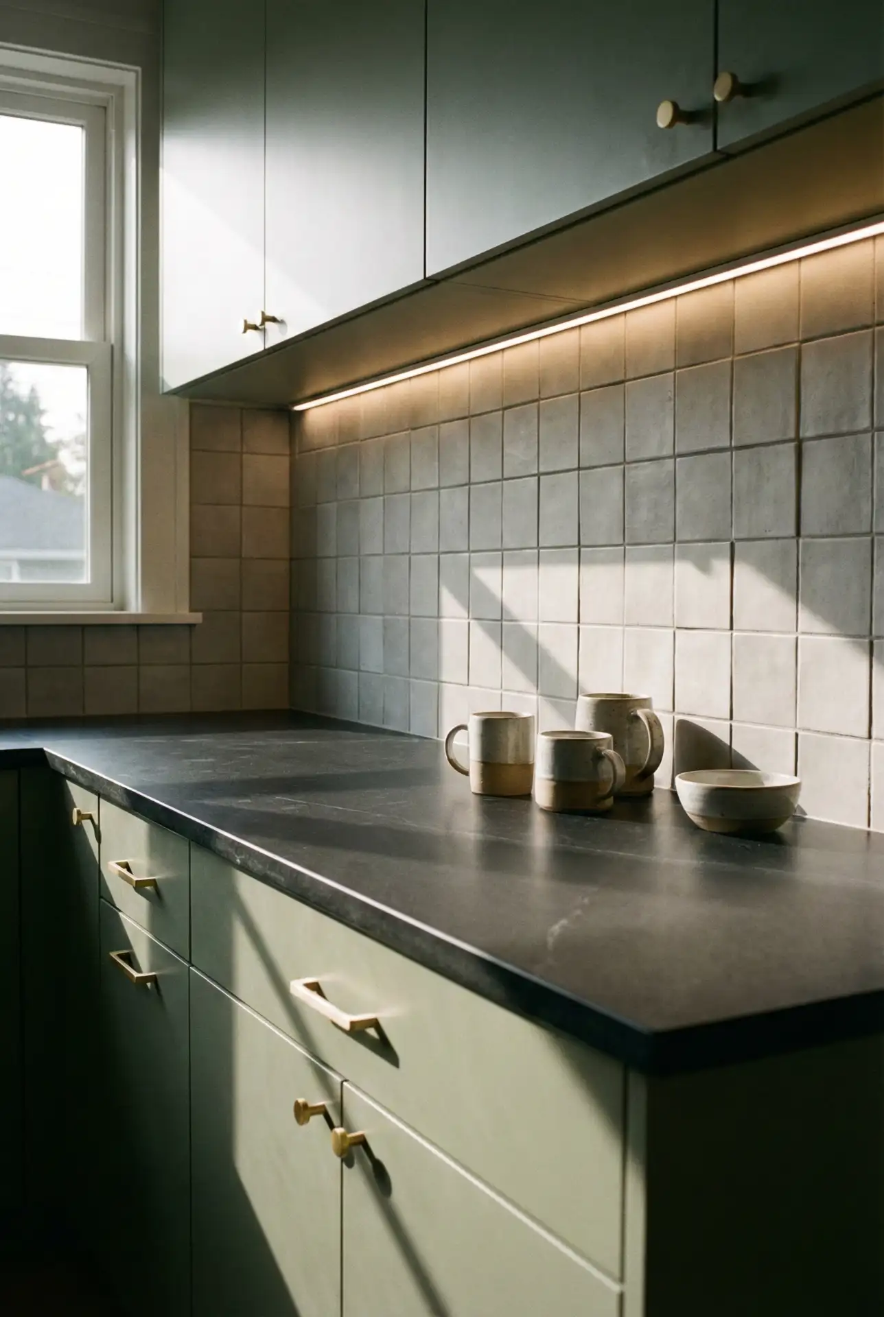 Sage Cabinets With Black Countertop And Matte Tile Grid 2