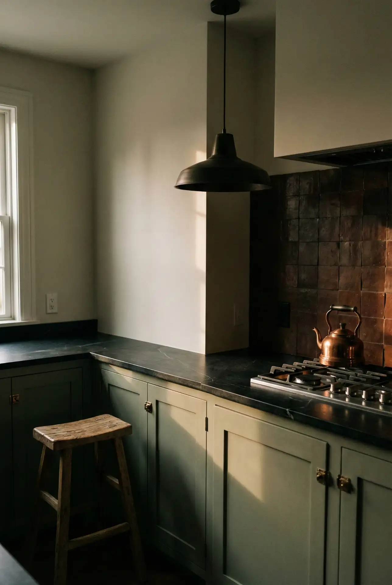 Sage Cabinets With Black Countertop For Bold Contrast 1