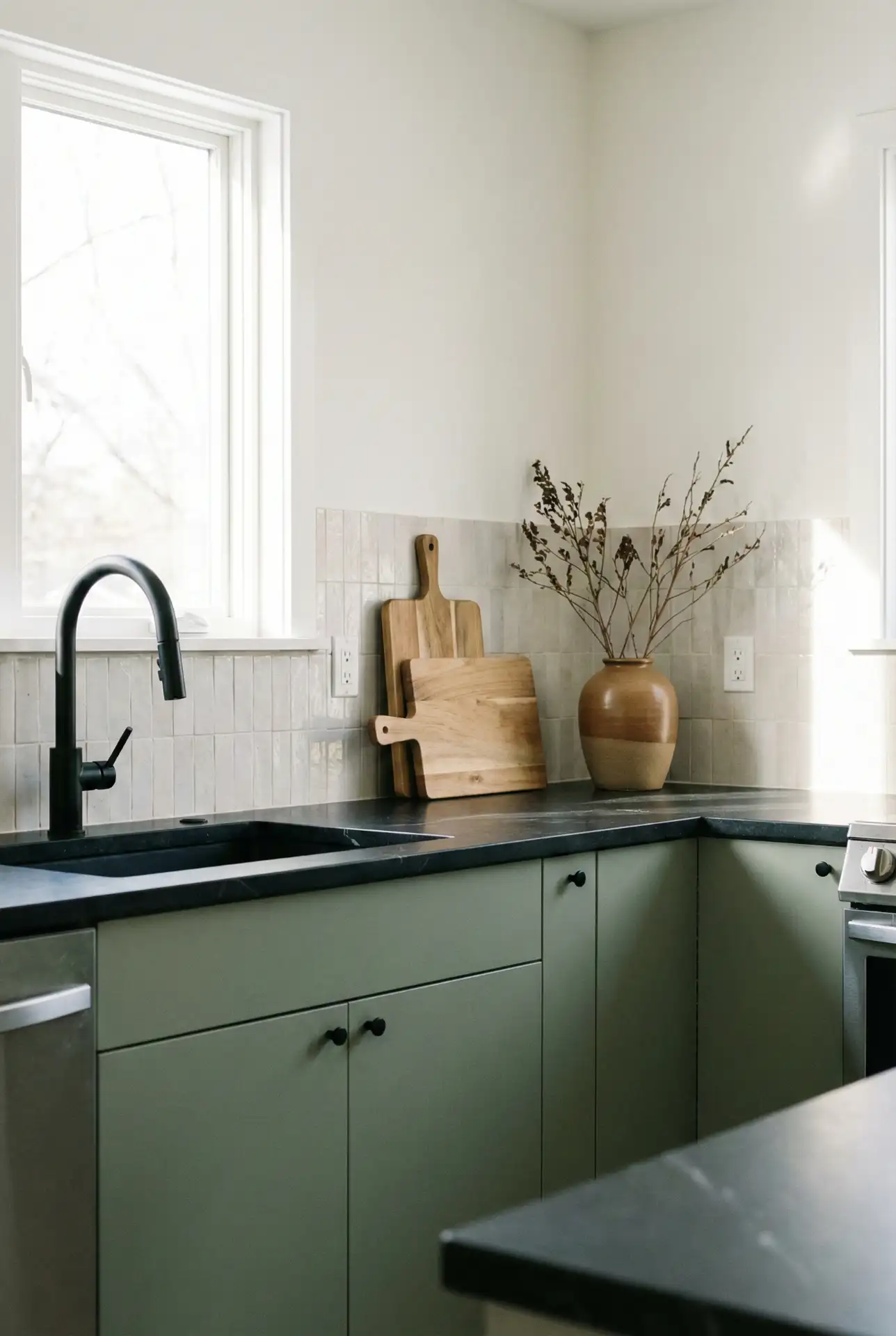 Sage Cabinets With Black Countertop For Bold Contrast 2