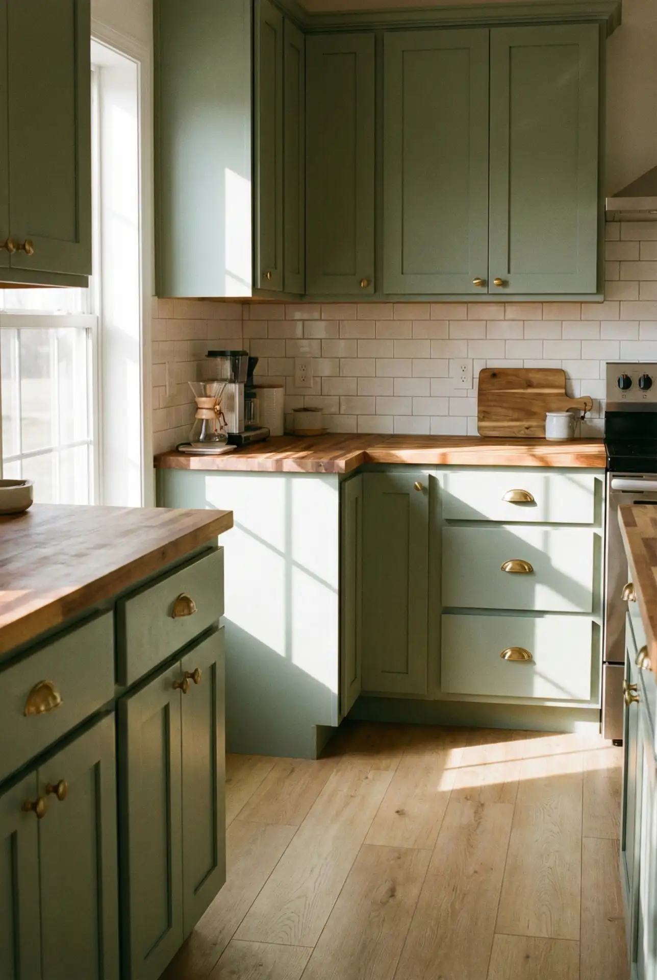 Sage Cabinets With Butcher Block And White Tile Surround 1