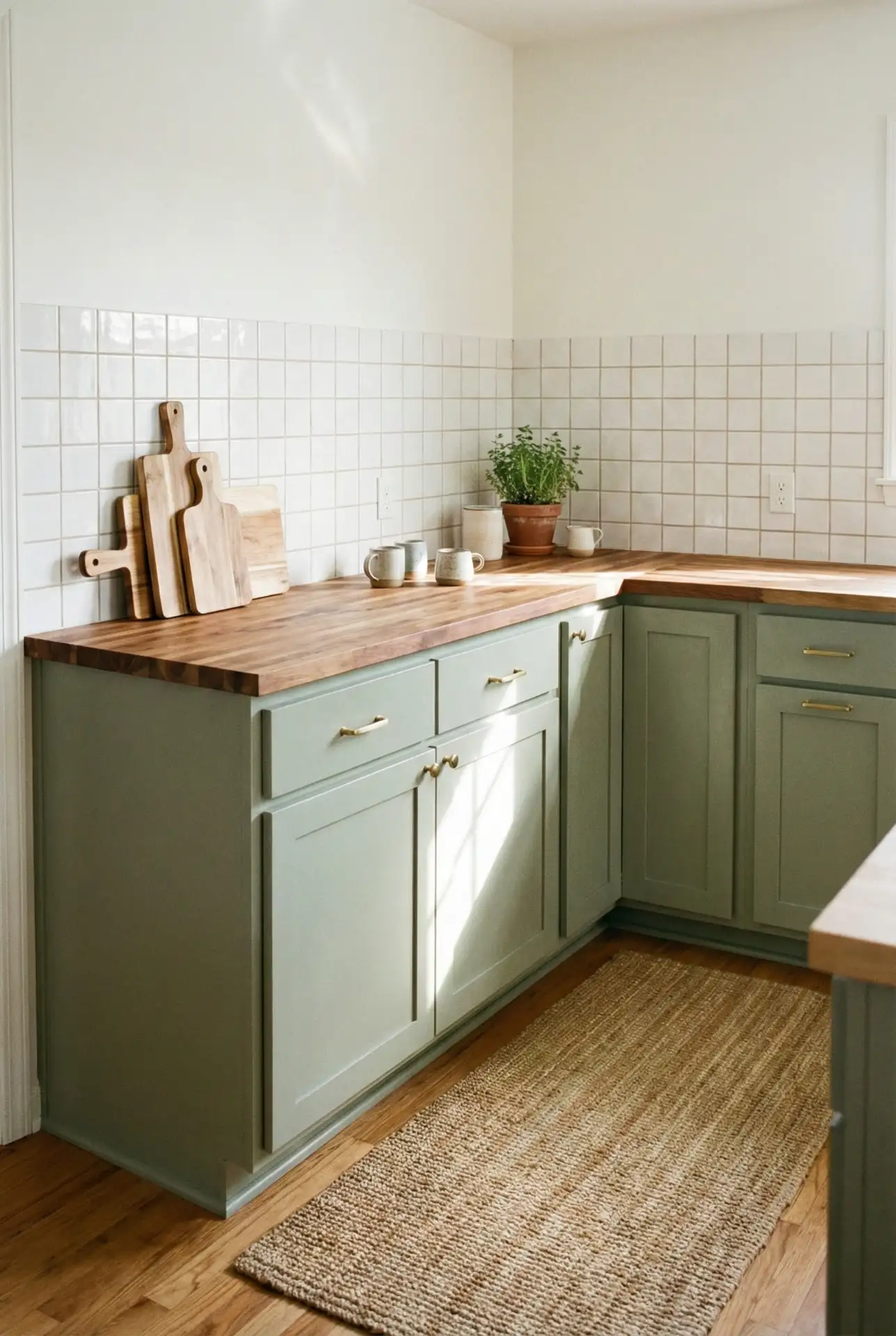 Sage Cabinets With Butcher Block And White Tile Surround 2