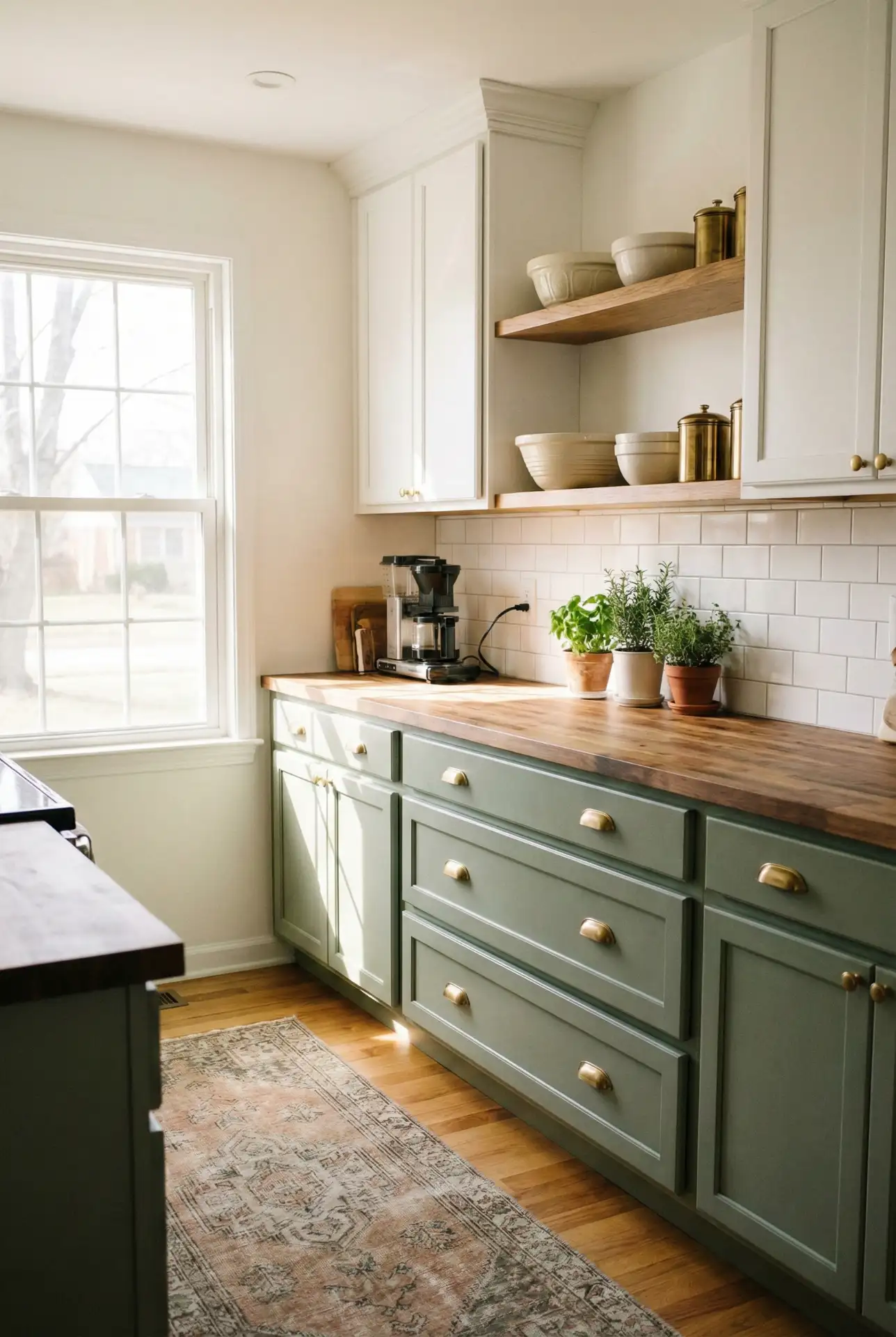 Sage Cabinets With White Uppers And Coordinated Accessories 1