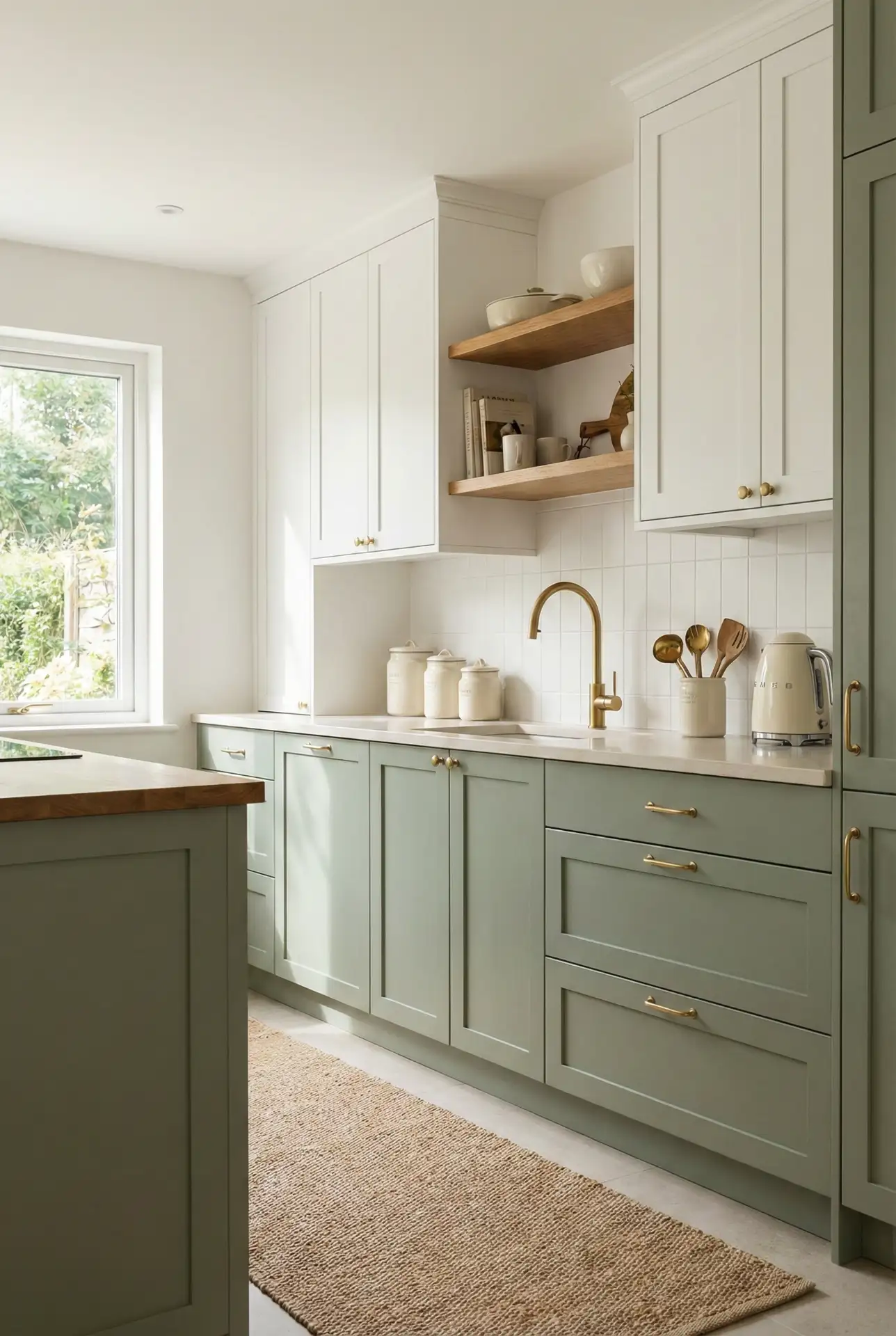 Sage Cabinets With White Uppers And Coordinated Accessories 2