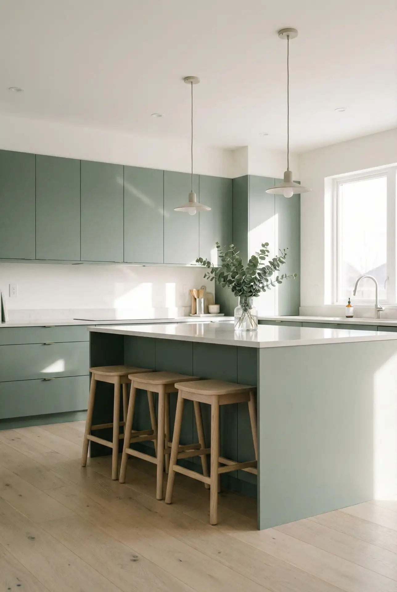 Sage Cabinets With a Clean Modern Island 1