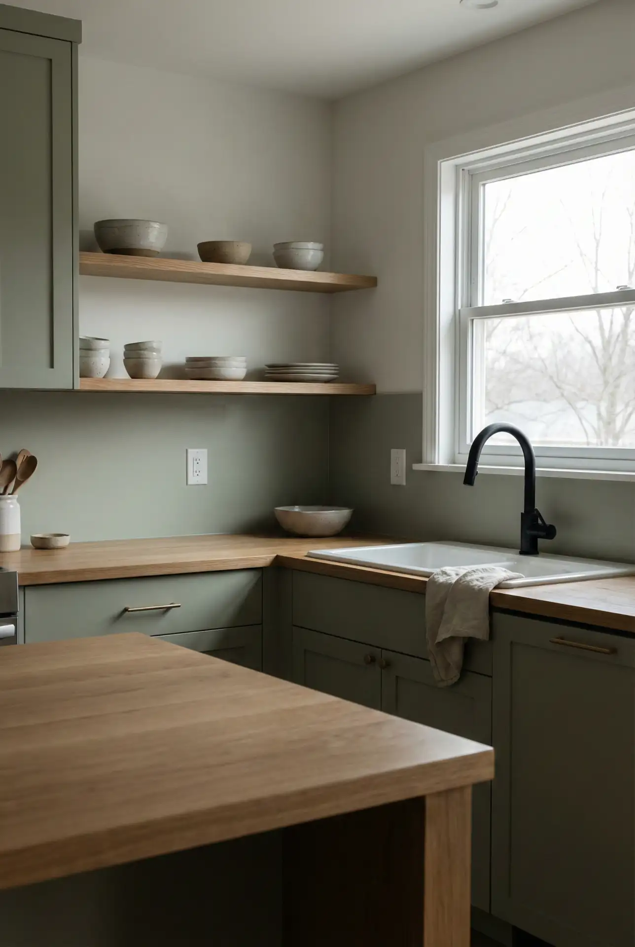 Sage Cabinets With a Clean Modern Island 2