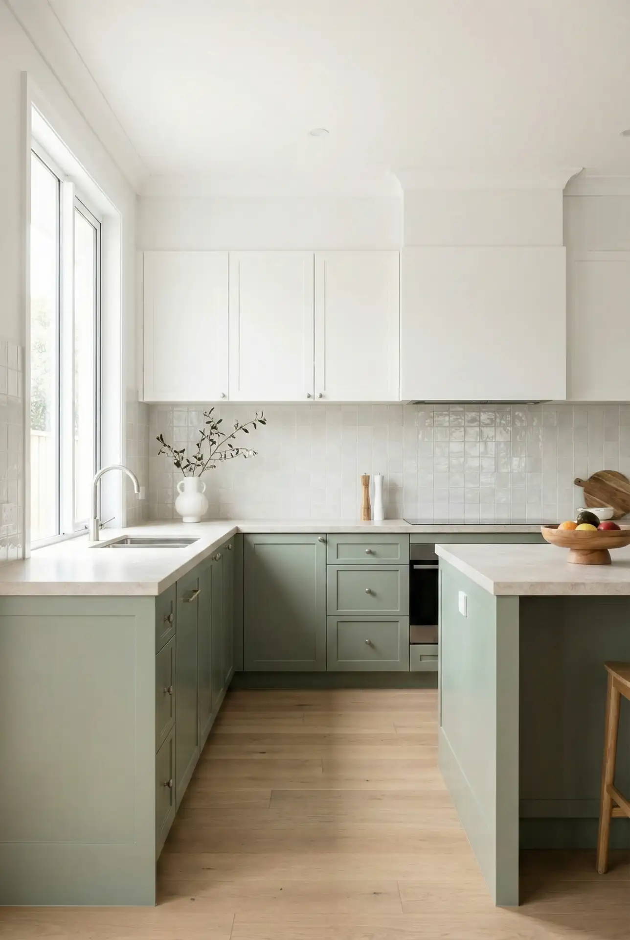 Sage Cupboards With White Cabinets And Bright Light Finish 1