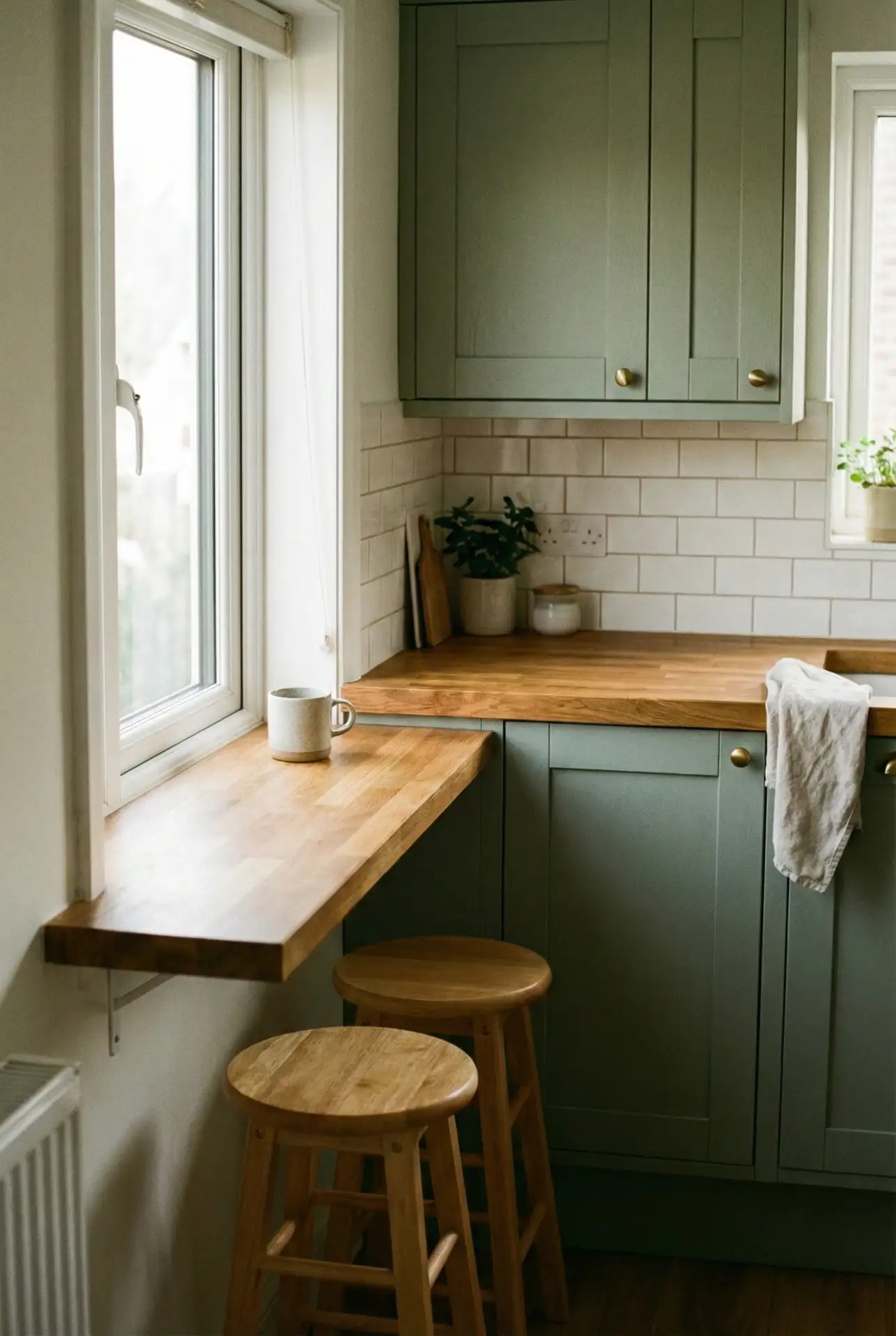 Sage Cupboards With Wooden Worktop And Open Breakfast Ledge 1
