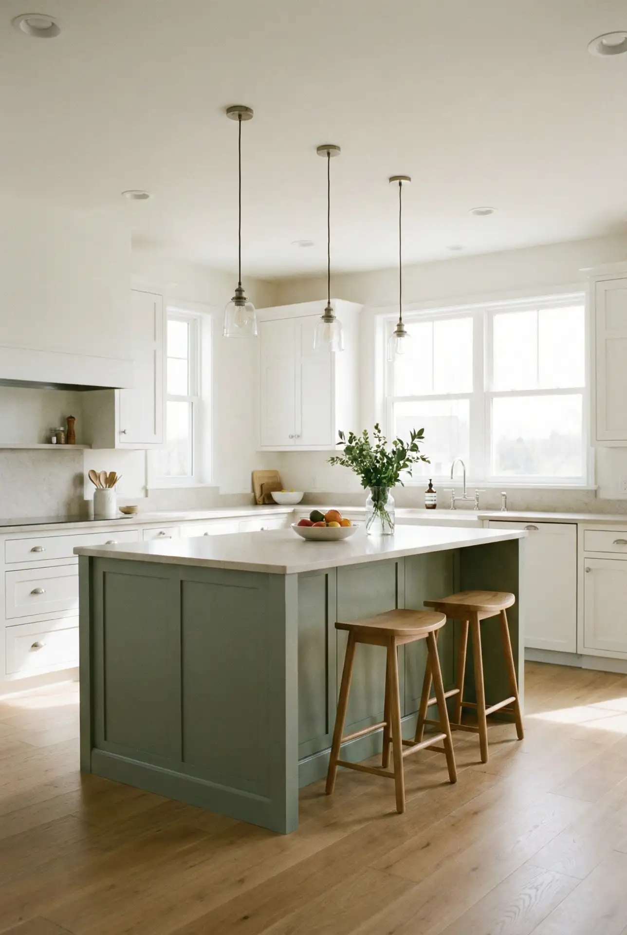 Sage Green Island With White Perimeter Cabinets 1