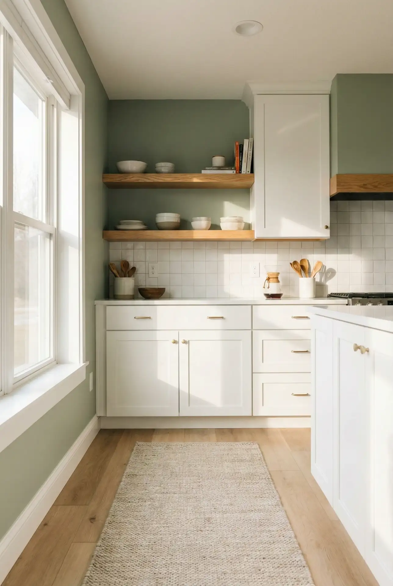 Sage Green Walls With White Cabinets For An Airy Remodel 1