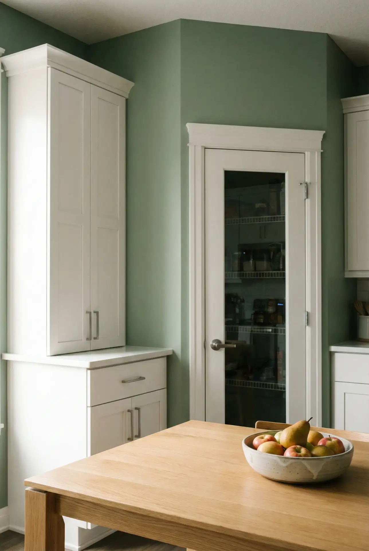 Sage Green Walls With White Cabinets For An Airy Remodel 2