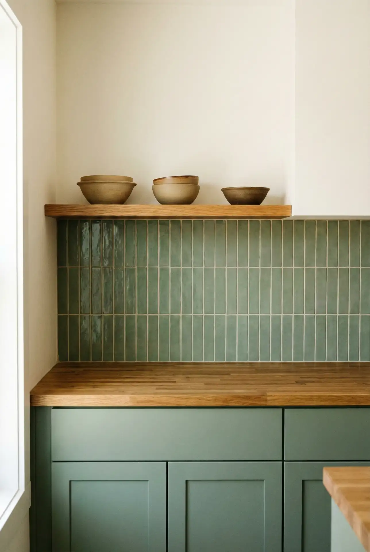 Sage Tile Backsplash That Matches The Cabinet Undertone 1