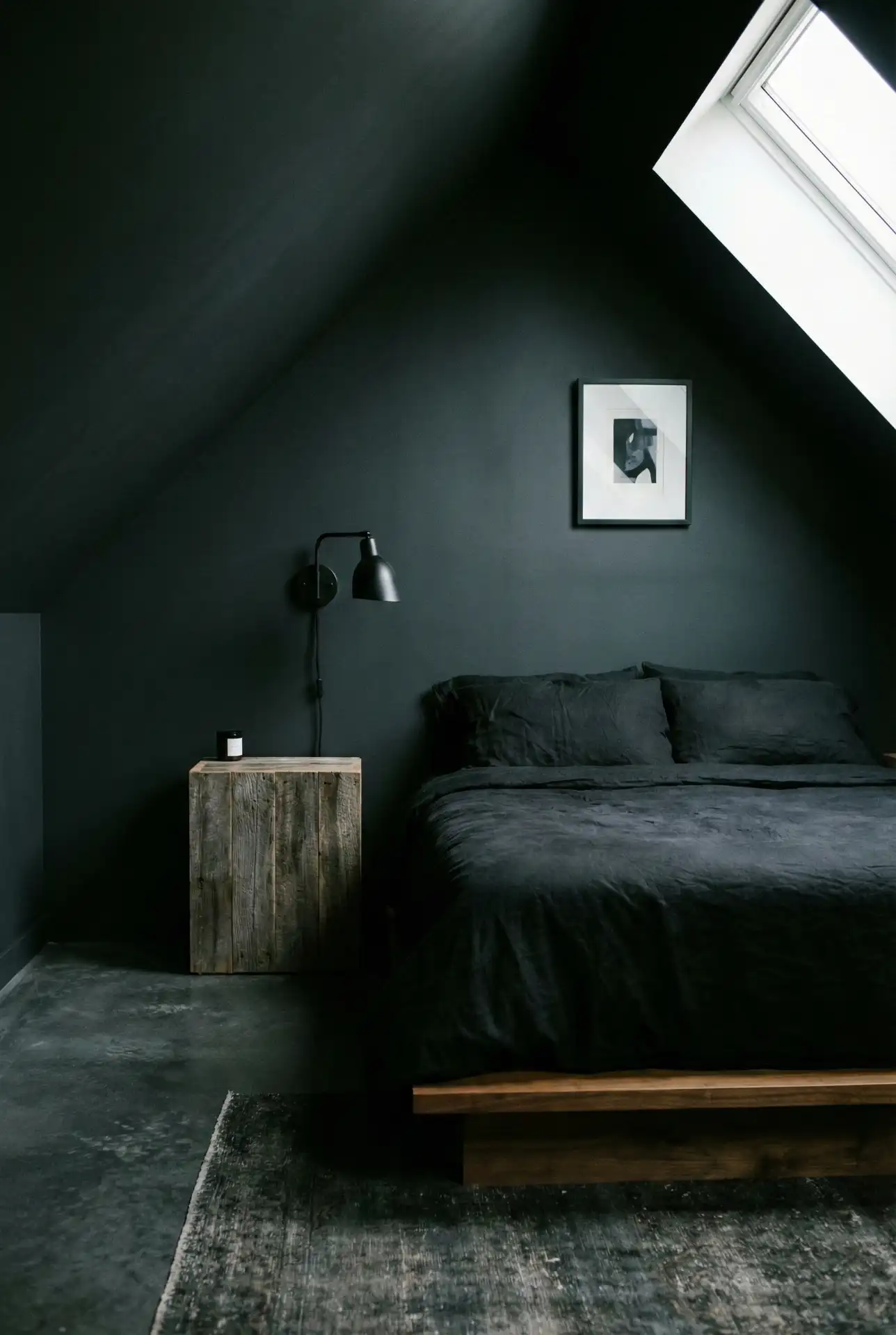 Slanted Dark Grunge Minimal Bedroom With Clean Lines 1