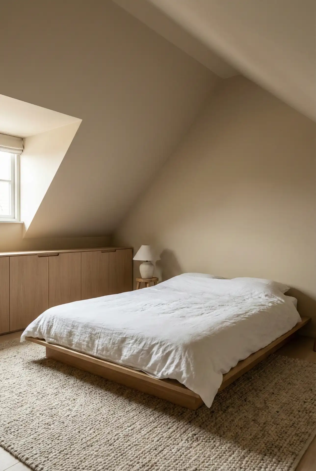Slanted Minimal Bedroom With Calm Aesthetic And Hidden Storage 1