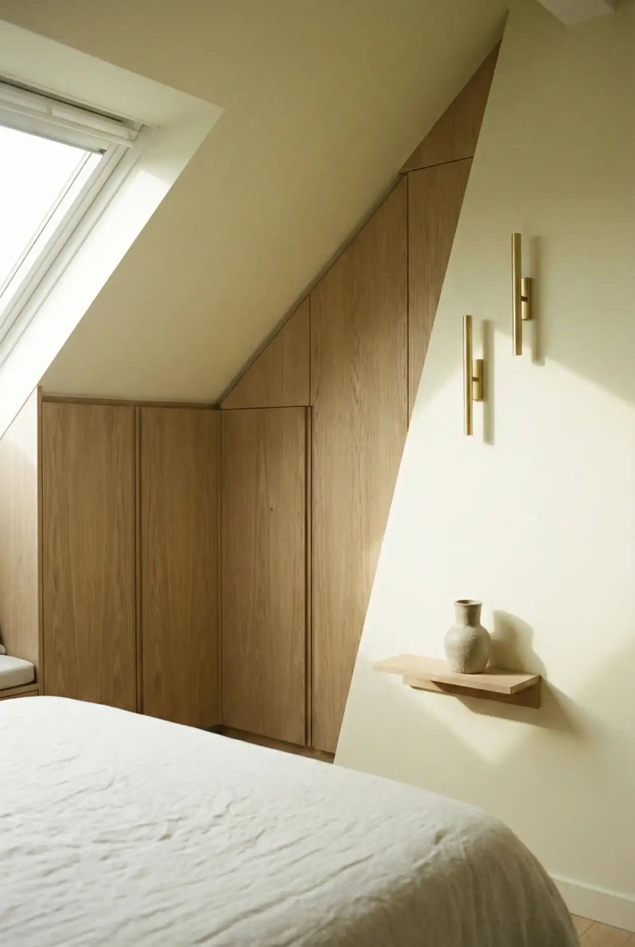 Slanted Minimal Bedroom With Calm Aesthetic And Hidden Storage 2