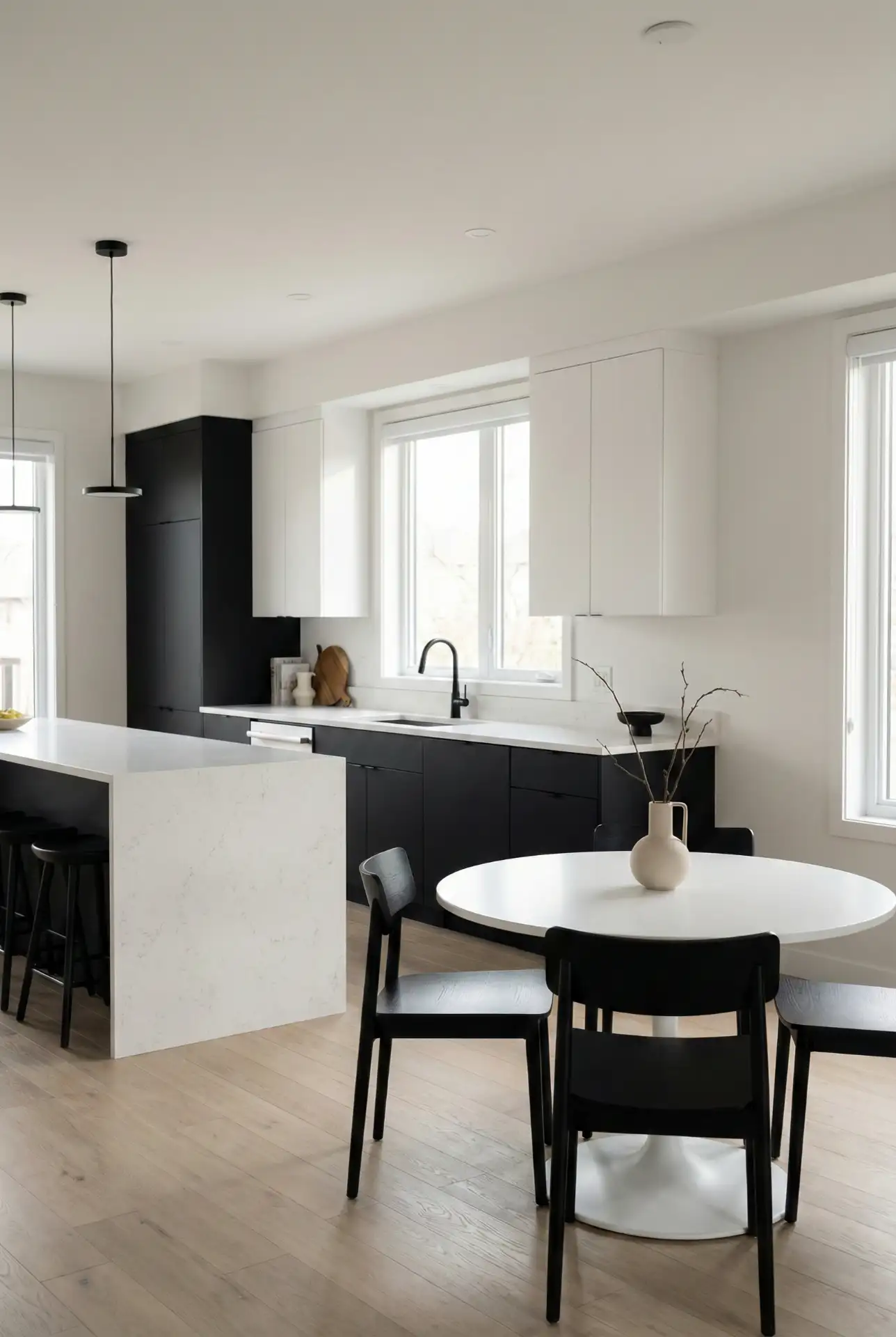 Sleek White Cabinets With Black Hardware And A Statement Backsplash 2