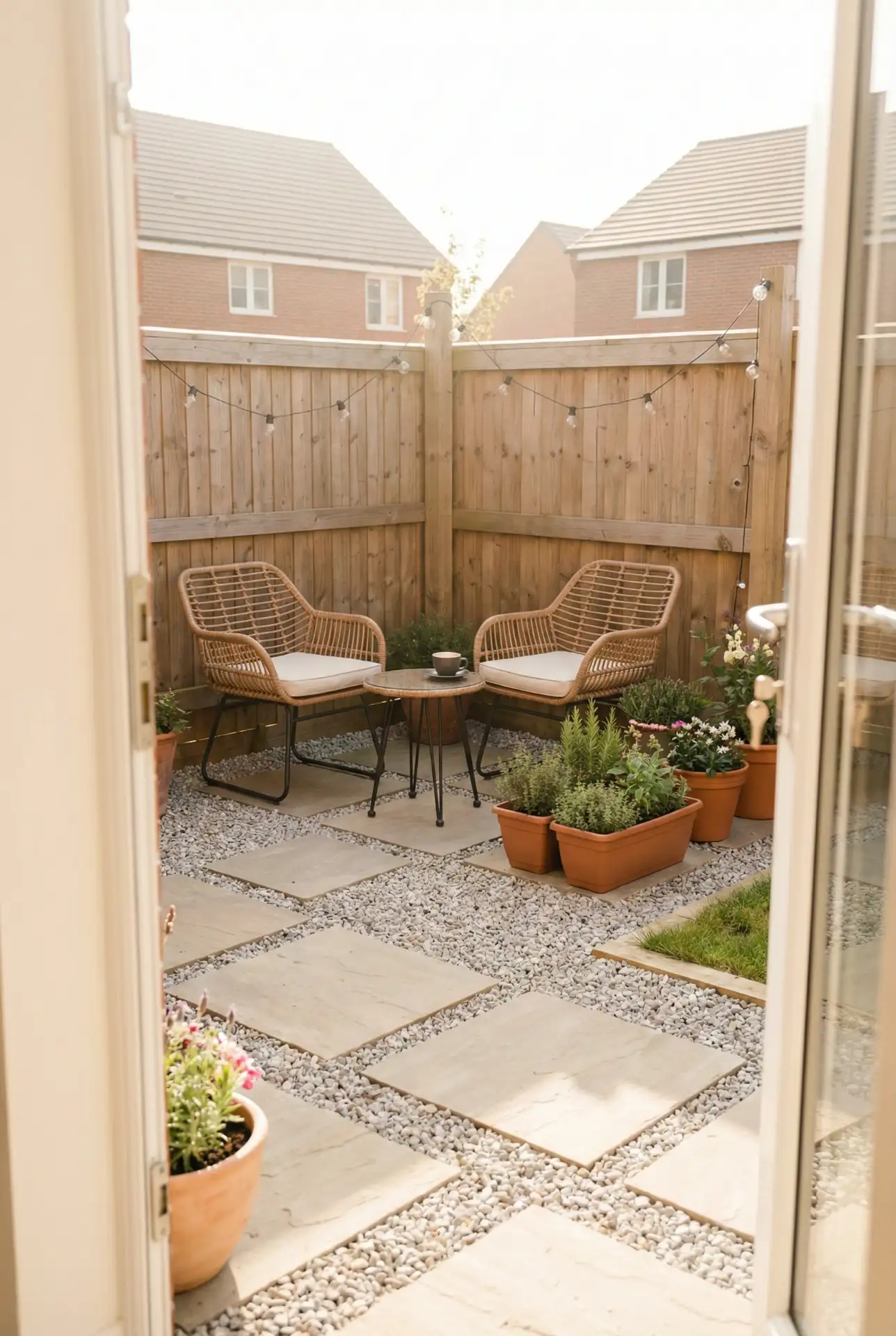Small Yard Corner Patio With Paving Stones And Pea Gravel Trim 1
