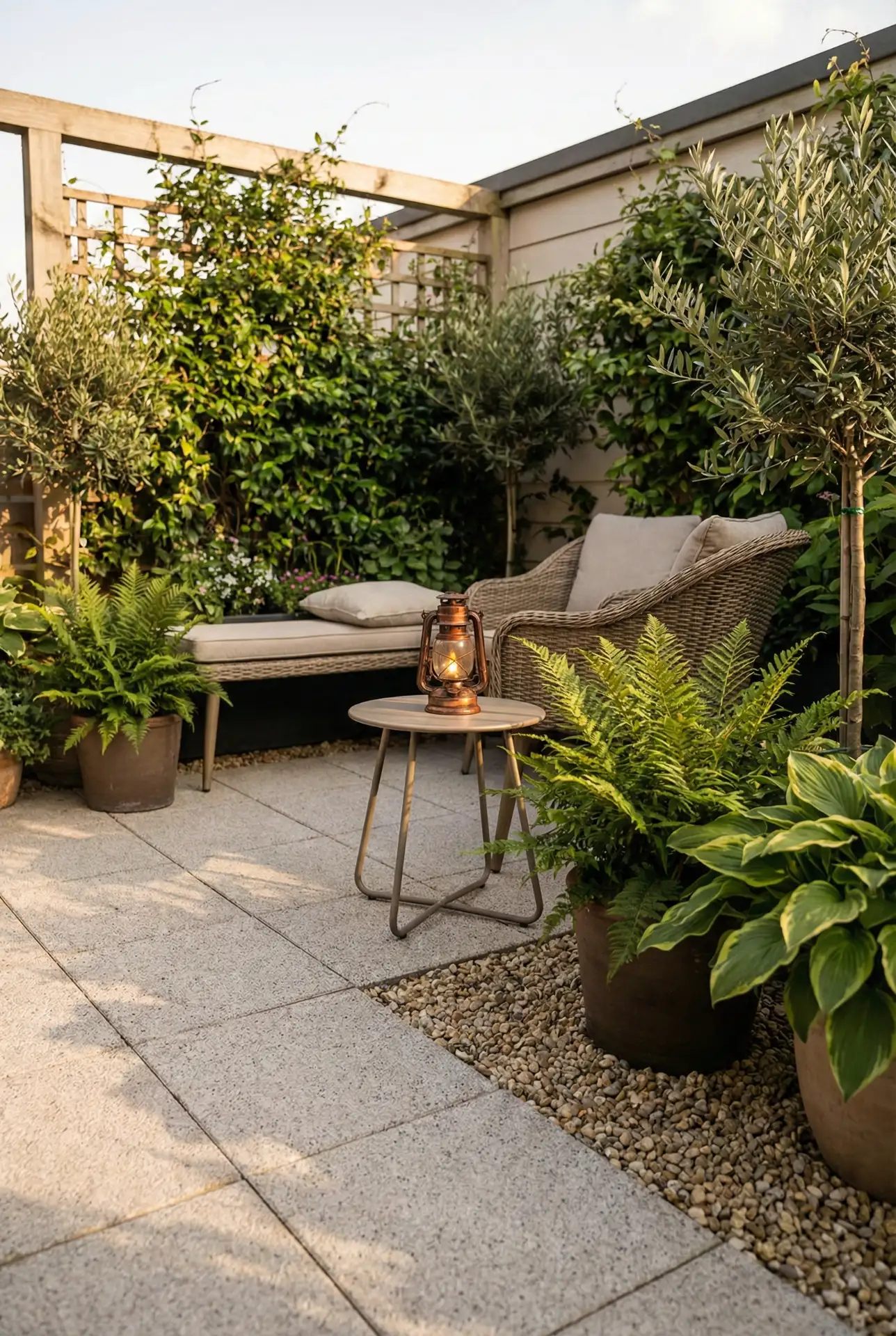 Small Yard Corner Patio With Paving Stones And Pea Gravel Trim 2