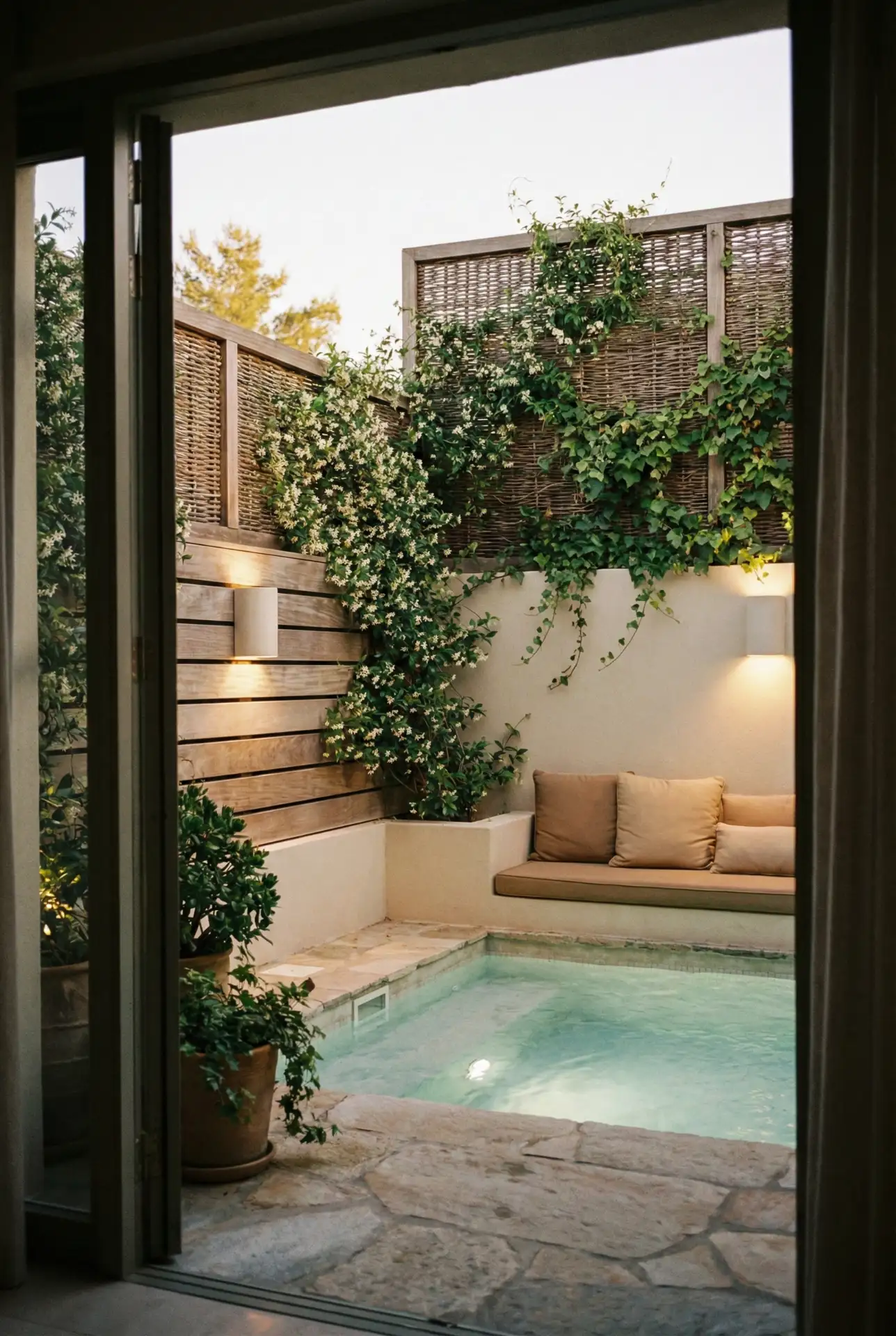 Small-Yard-Dip Pool With Privacy Screens 1