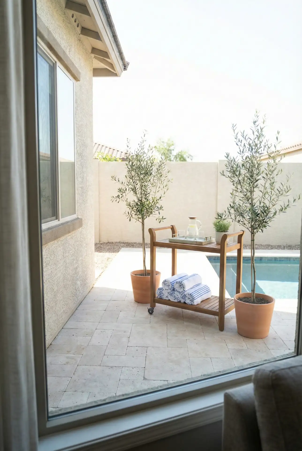 Small-Yard Pool Zone With Compact Bar Cart Storage 1